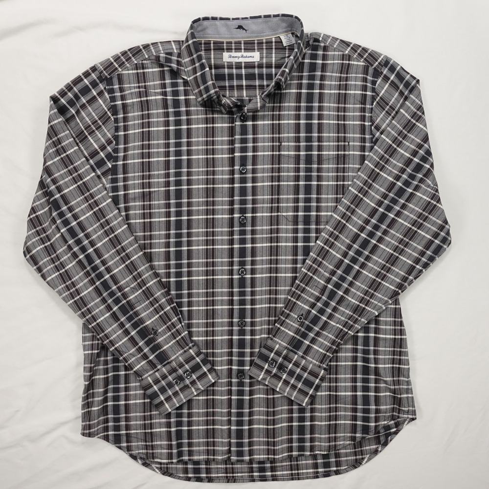 Tommy Bahama Button Down Shirt Men's Large Plaid Silk Blend Stretch Gray